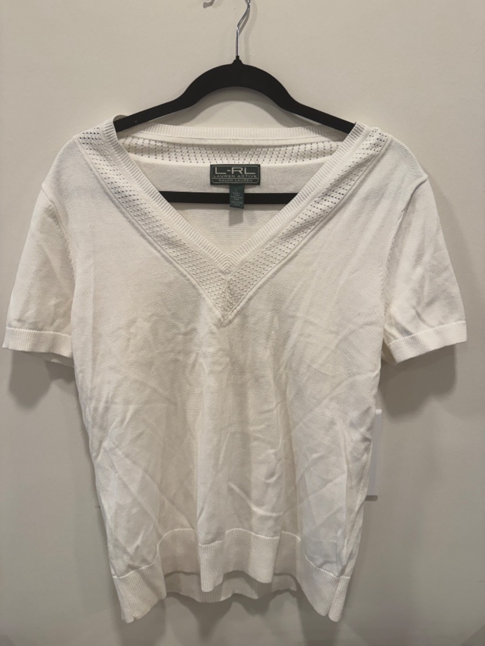 Lauren Ralph Preppy Active White Cotton Knit V Neck Top Size L - Picture 2 of 4